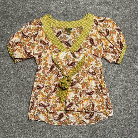 Fei Tops - Fei Anthropologie Womens Blouse Multicolor Floral Short Sleeve Sash Belt 2